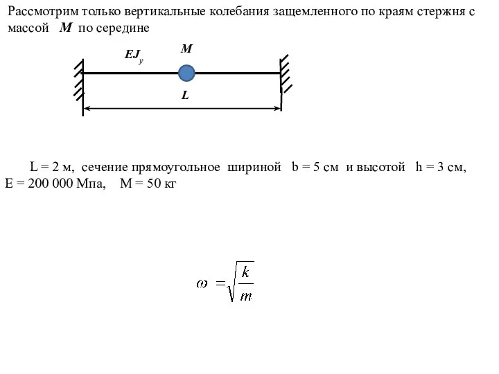Рассмотрим только вертикальные колебания защемленного по краям стержня с массой М