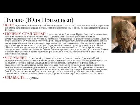 Пугало (Юля Приходько) КТО? Пугало (англ. Scarecrow) — бывший психолог Джонатан