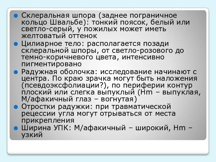 Склеральная шпора (заднее пограничное кольцо Швальбе): тонкий поясок, белый или светло-серый,