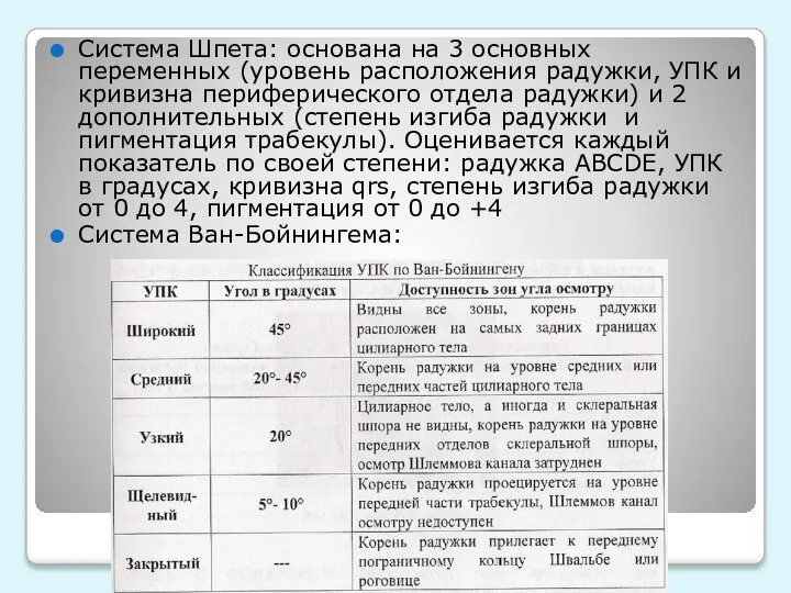 Система Шпета: основана на 3 основных переменных (уровень расположения радужки, УПК