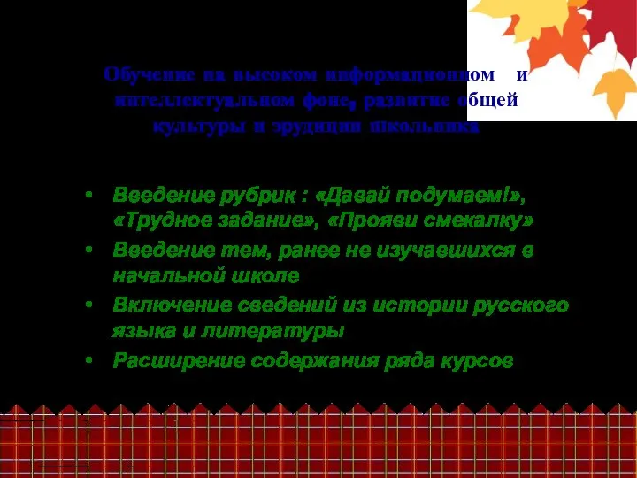 Обучение на высоком информационном и интеллектуальном фоне, развитие общей культуры и