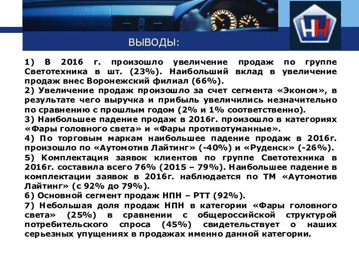 ВЫВОДЫ: 1) В 2016 г. произошло увеличение продаж по группе Светотехника