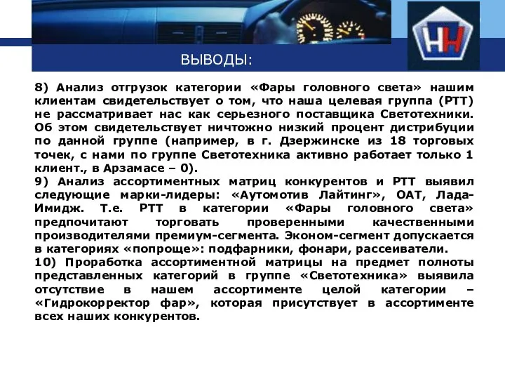 ВЫВОДЫ: 8) Анализ отгрузок категории «Фары головного света» нашим клиентам свидетельствует