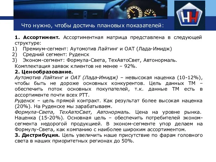 Что нужно, чтобы достичь плановых показателей: 1. Ассортимент. Ассортиментная матрица представлена