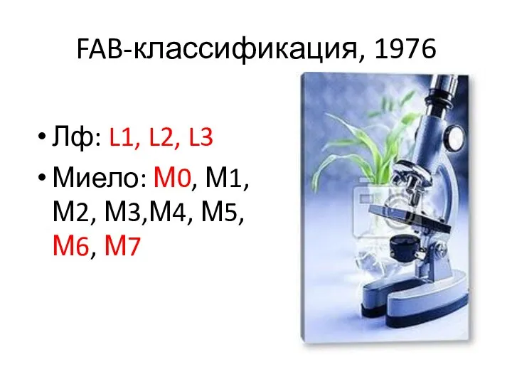 FAB-классификация, 1976 Лф: L1, L2, L3 Миело: М0, М1, М2, М3,М4, М5,М6, М7