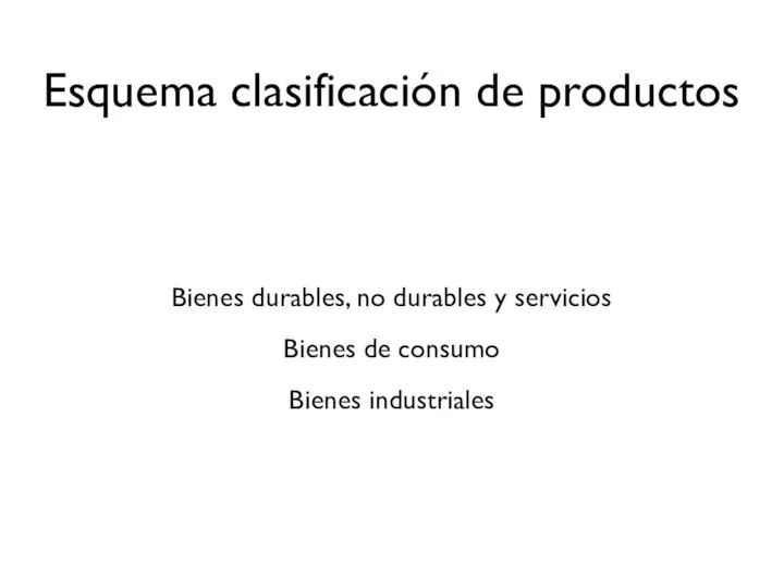 Bienes durables, no durables y servicios Bienes de consumo Bienes industriales Esquema clasificación de productos