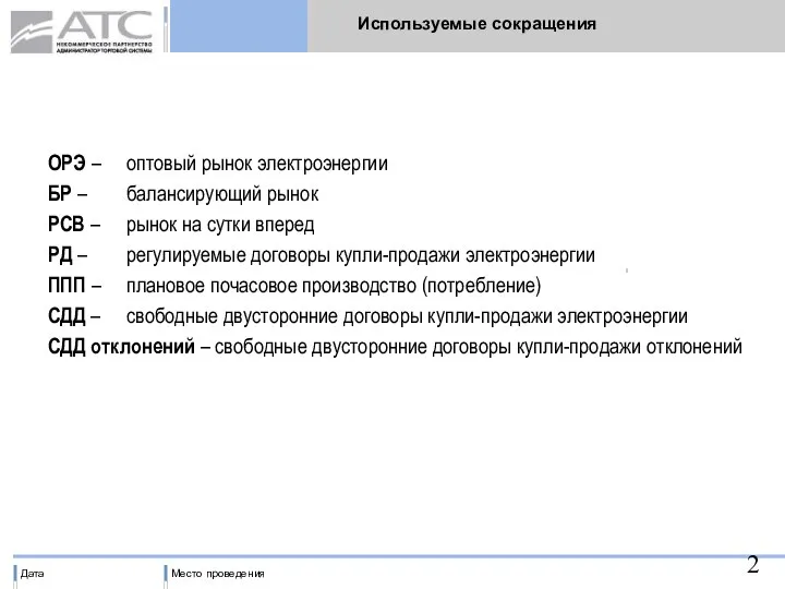 Используемые сокращения ОРЭ – оптовый рынок электроэнергии БР – балансирующий рынок