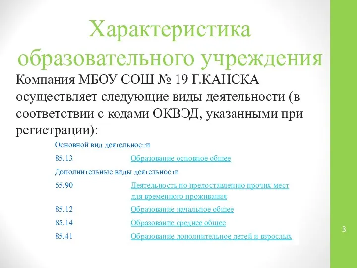 Характеристика образовательного учреждения Компания МБОУ СОШ № 19 Г.КАНСКА осуществляет следующие