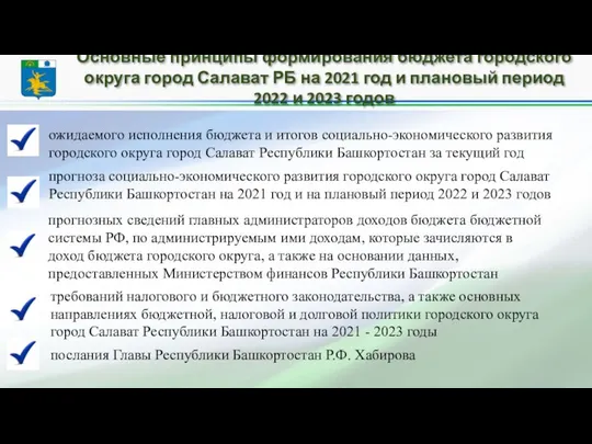 Основные принципы формирования бюджета городского округа город Салават РБ на 2021