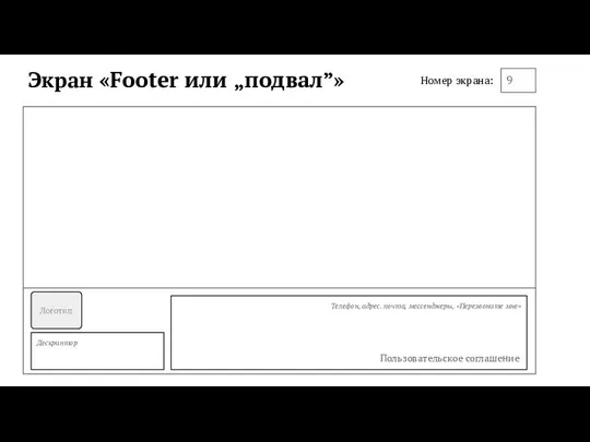 Экран «Footer или „подвал”» 9 Номер экрана: Логотип Дескриптор Телефон, адрес.