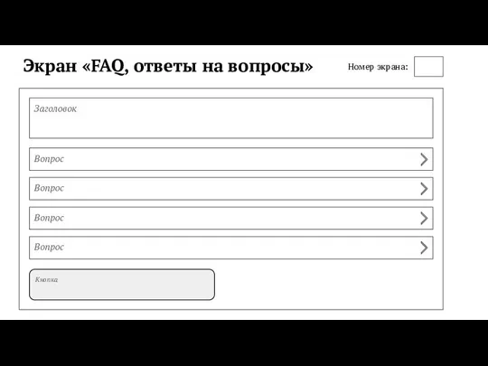 Экран «FAQ, ответы на вопросы» Номер экрана: Заголовок Вопрос Вопрос Вопрос Вопрос Кнопка