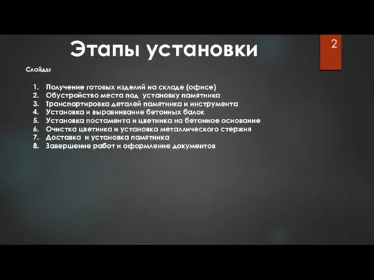 Этапы установки Слайды Получение готовых изделий на складе (офисе) Обустройство места