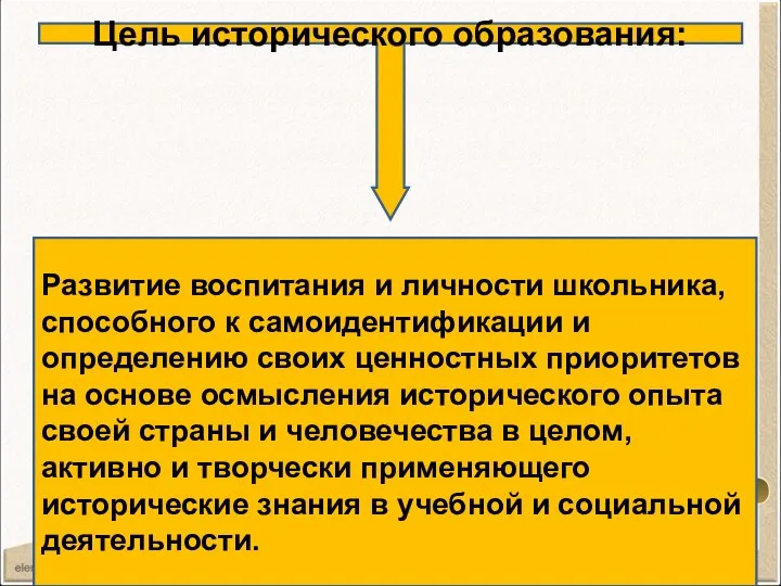 Цель исторического образования: Развитие воспитания и личности школьника, способного к самоидентификации