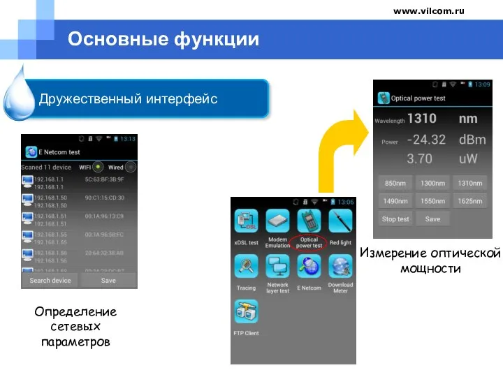 Company name www.vilcom.ru Дружественный интерфейс Основные функции Определение сетевых параметров Измерение оптической мощности