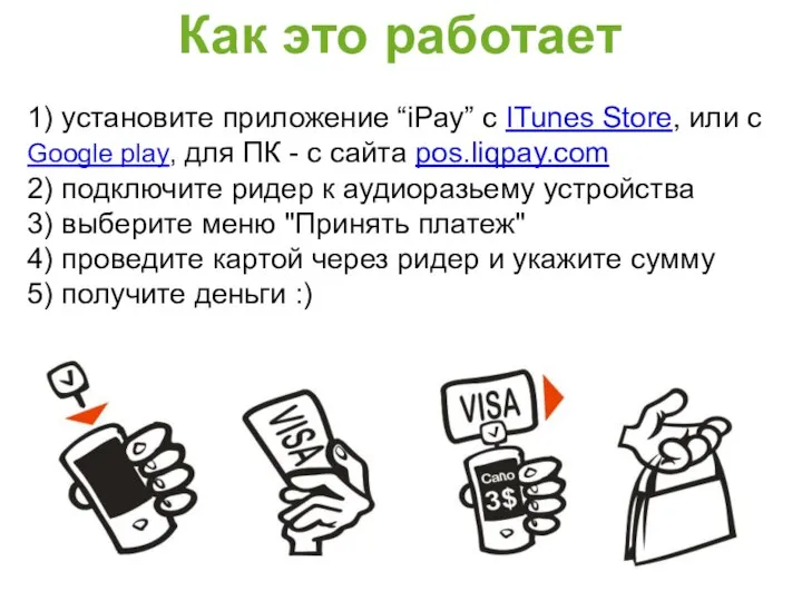 Как это работает 1) установите приложение “iPay” с ITunes Store, или