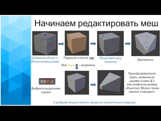 Начинаем редактировать меш Добавили объект в Объектном режиме Перешли в Edit