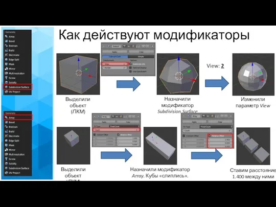 View: 2 Как действуют модификаторы Выделили объект (ПКМ) Назначили модификатор Subdivision