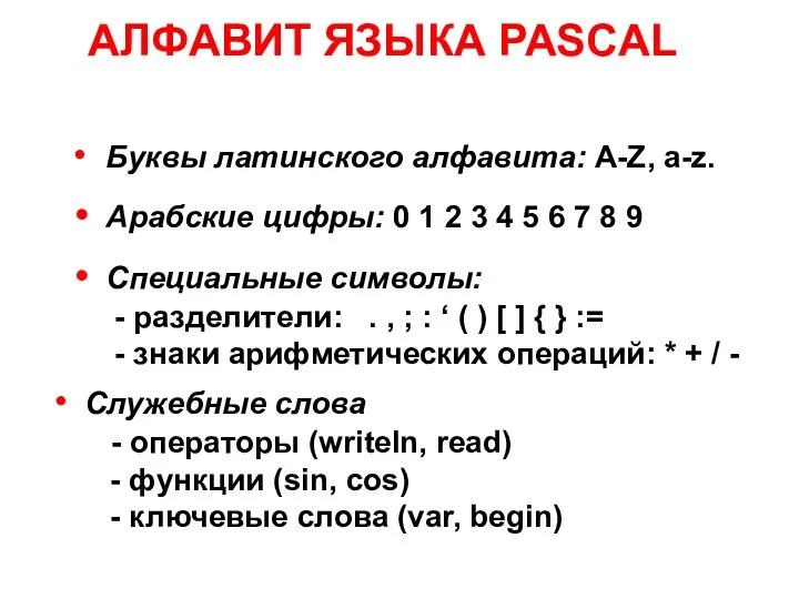 Буквы латинского алфавита: А-Z, a-z. Арабские цифры: 0 1 2 3