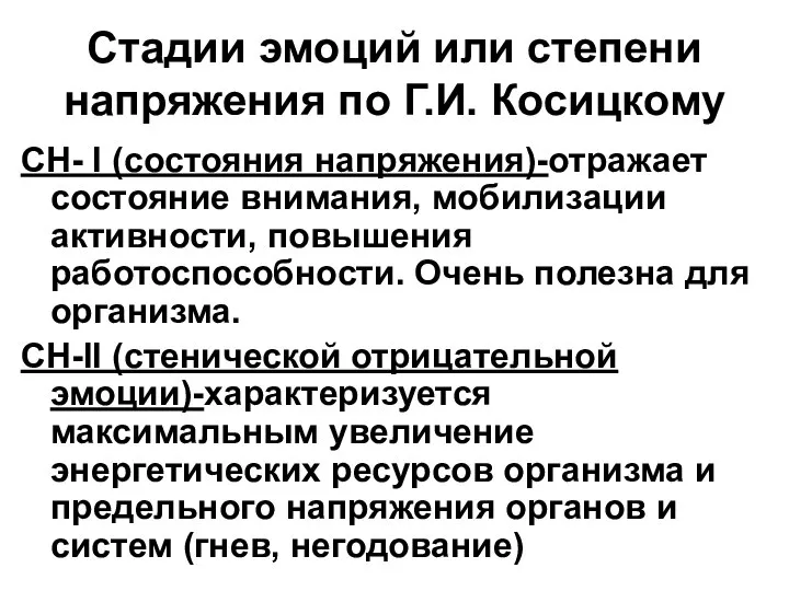 Стадии эмоций или степени напряжения по Г.И. Косицкому СН- I (состояния