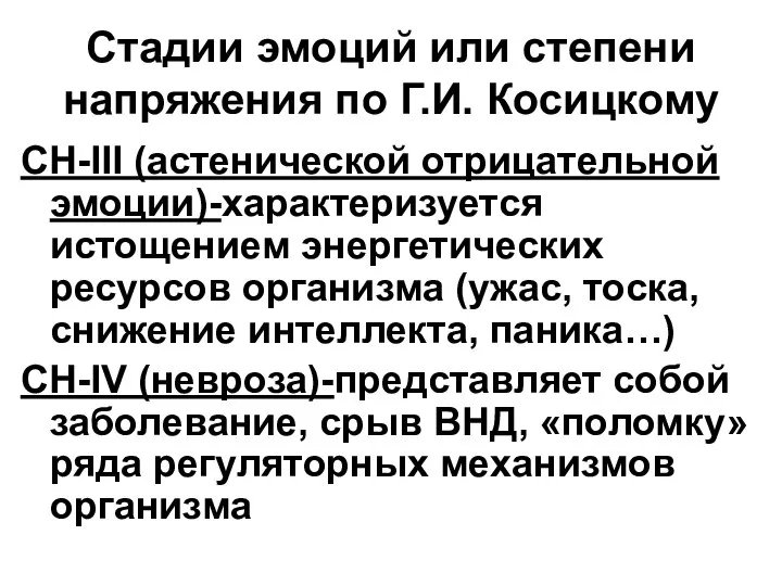 Стадии эмоций или степени напряжения по Г.И. Косицкому CH-III (астенической отрицательной