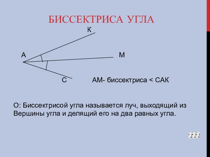 БИССЕКТРИСА УГЛА К А М С АМ- биссектриса О: Биссектрисой угла