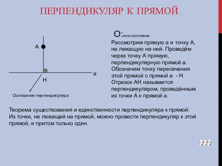 ПЕРПЕНДИКУЛЯР К ПРЯМОЙ О:конструктивное. Рассмотрим прямую а и точку А, не