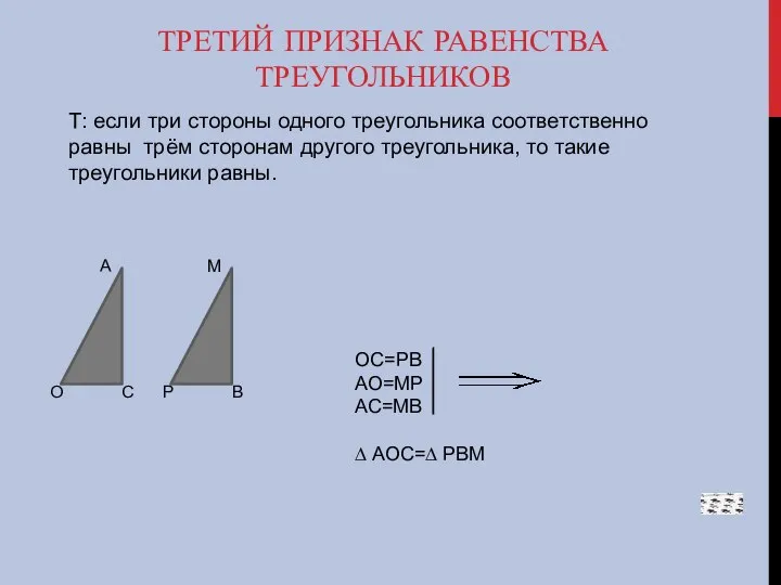 ТРЕТИЙ ПРИЗНАК РАВЕНСТВА ТРЕУГОЛЬНИКОВ Т: если три стороны одного треугольника соответственно