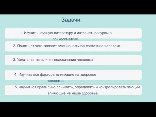 Задачи: 1. Изучить научную литературу и интернет- ресурсы о психосоматике. 4.