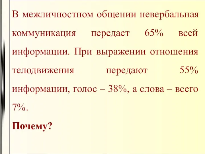 В межличностном общении невербальная коммуникация передает 65% всей информации. При выражении