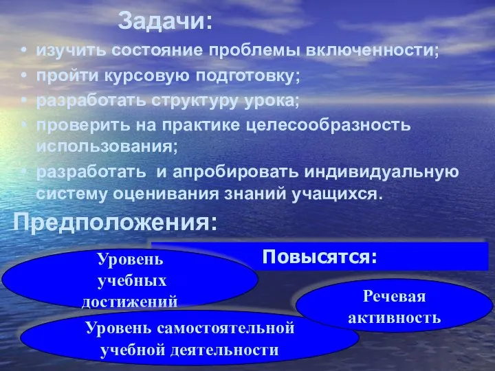 Задачи: изучить состояние проблемы включенности; пройти курсовую подготовку; разработать структуру урока;