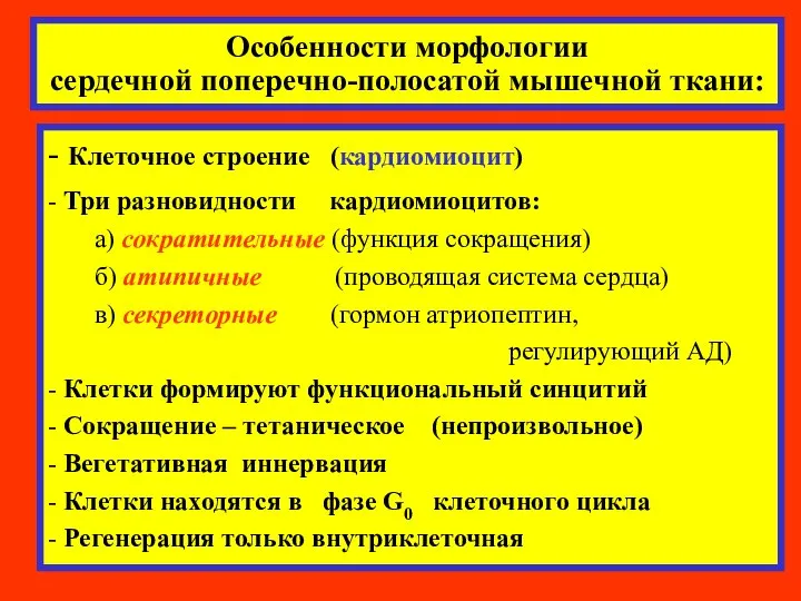 Особенности морфологии сердечной поперечно-полосатой мышечной ткани: - Клеточное строение (кардиомиоцит) -