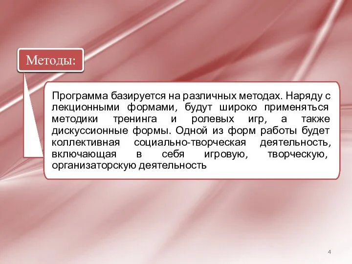 Программа базируется на различных методах. Наряду с лекционными формами, будут широко