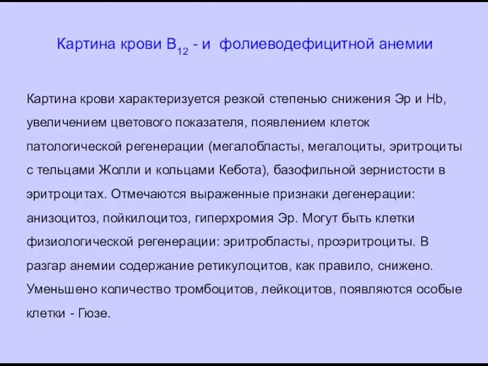 Картина крови В12 - и фолиеводефицитной анемии Картина крови характеризуется резкой