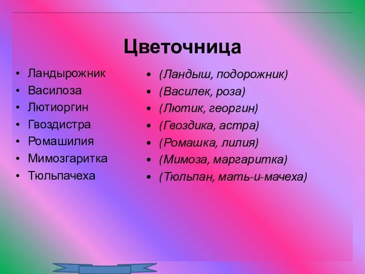 Цветочница Ландырожник Василоза Лютиоргин Гвоздистра Ромашилия Мимозгаритка Тюльпачеха (Ландыш, подорожник) (Василек,