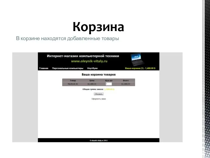 Корзина В корзине находятся добавленные товары