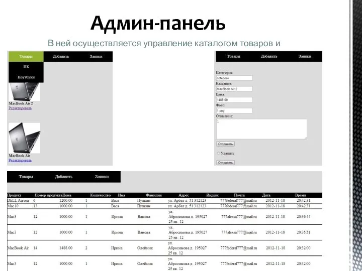 Админ-панель В ней осуществляется управление каталогом товаров и заявок