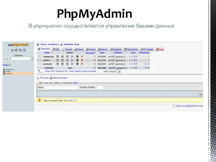 PhpMyAdmin В phpmyadmin осуществляется управление базами данных