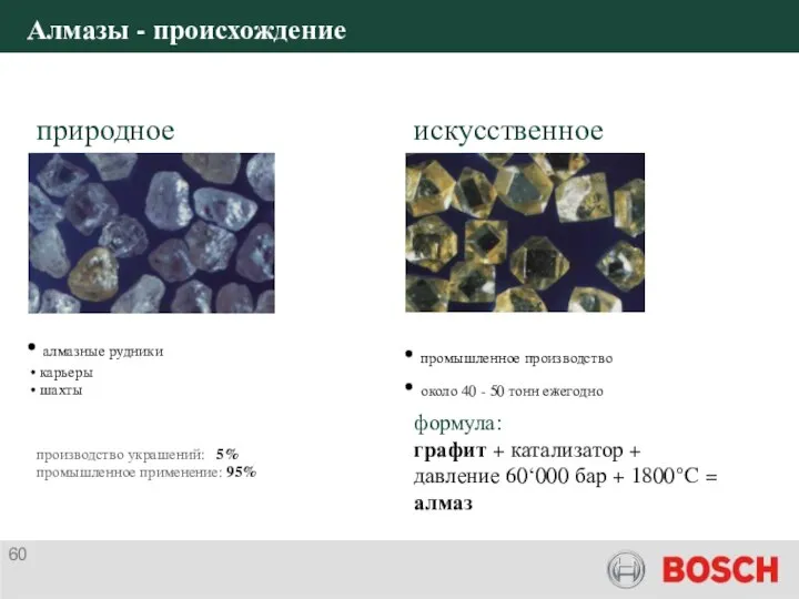 Алмазы - происхождение алмазные рудники карьеры шахты производство украшений: 5% промышленное