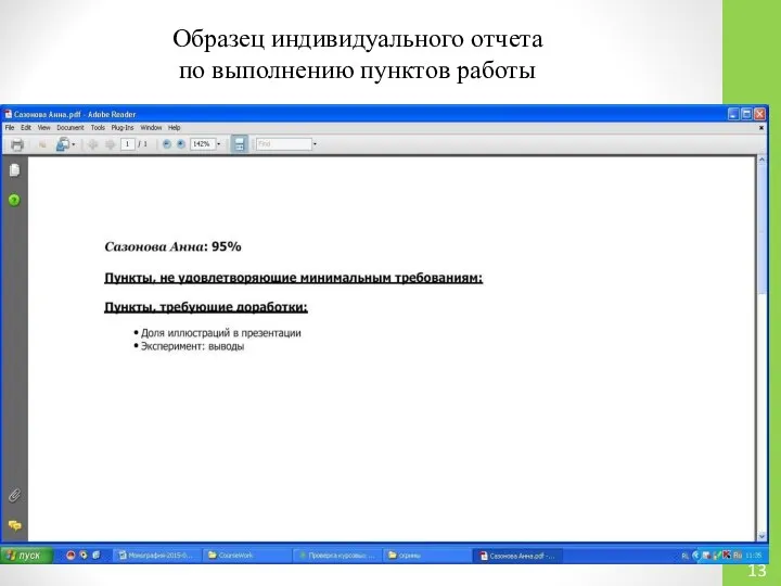 Образец индивидуального отчета по выполнению пунктов работы