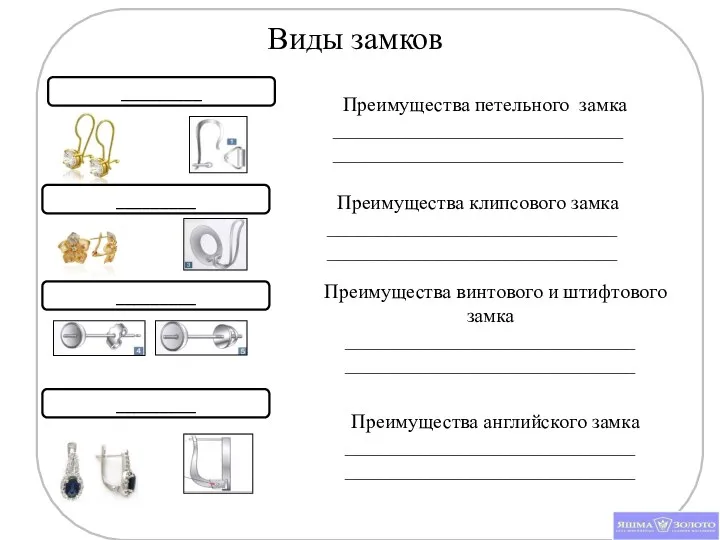 _________ Виды замков _________ _________ _________ Преимущества петельного замка _____________________________ _____________________________