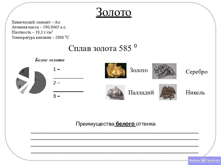 Золото Химический элемент – Au Атомная масса – 196,9665 а.е. Плотность