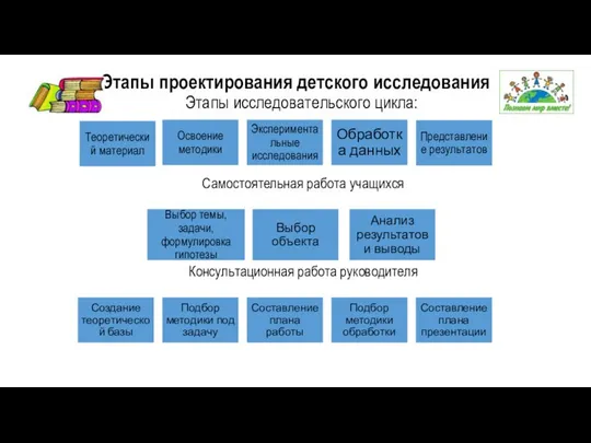 Этапы проектирования детского исследования Этапы исследовательского цикла: Самостоятельная работа учащихся Консультационная работа руководителя