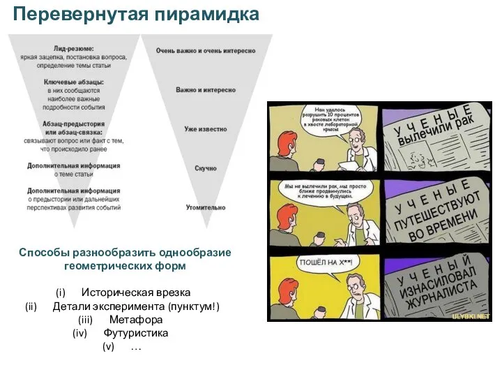 Перевернутая пирамидка Способы разнообразить однообразие геометрических форм Историческая врезка Детали эксперимента (пунктум!) Метафора Футуристика …