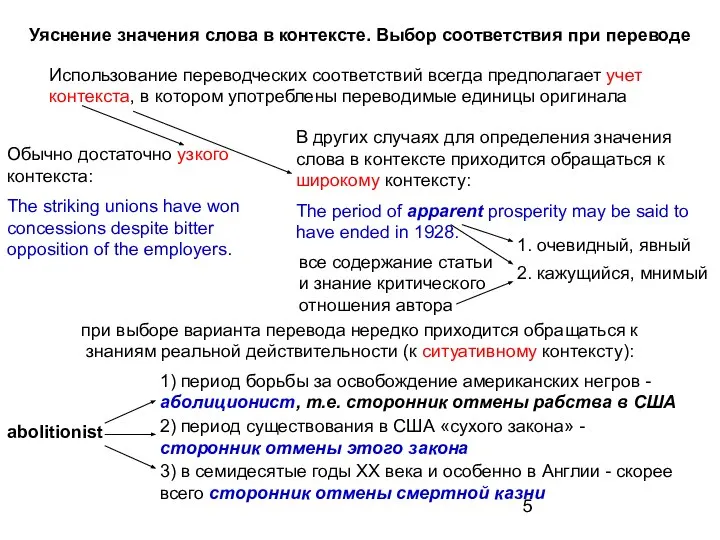 Использование переводческих соответствий всегда предполагает учет контекста, в котором употреблены переводимые