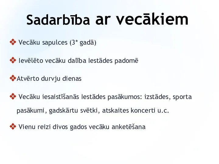 Vecāku sapulces (3* gadā) Ievēlēto vecāku dalība Iestādes padomē Atvērto durvju