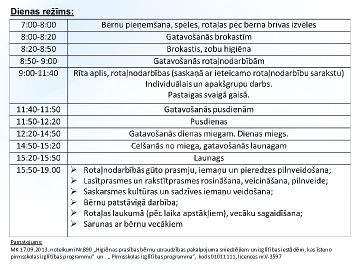 Dienas režīms: Pamatojums: MK 17.09.2013. noteikumi Nr.890 „Higiēnas prasības bērnu uzraudzības