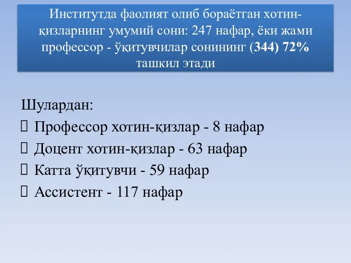 Институтда фаолият олиб бораётган хотин-қизларнинг умумий сони: 247 нафар, ёки жами