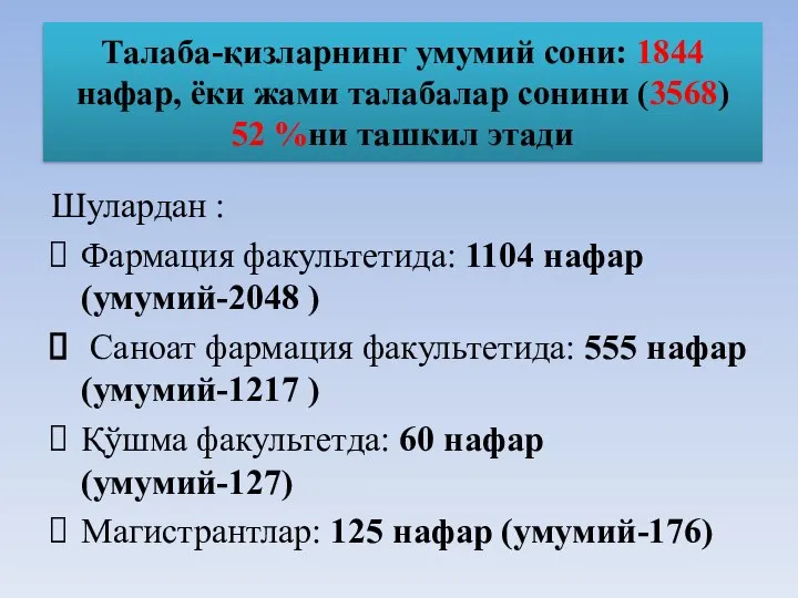 Талаба-қизларнинг умумий сони: 1844 нафар, ёки жами талабалар сонини (3568) 52