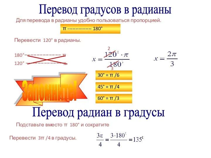 Перевод градусов в радианы Перевести 120° в радианы. Для перевода в