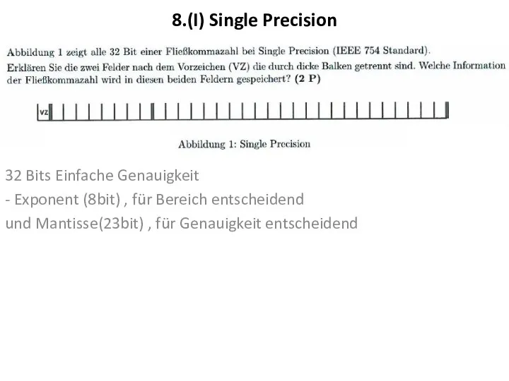 8.(I) Single Precision 32 Bits Einfache Genauigkeit - Exponent (8bit) ,